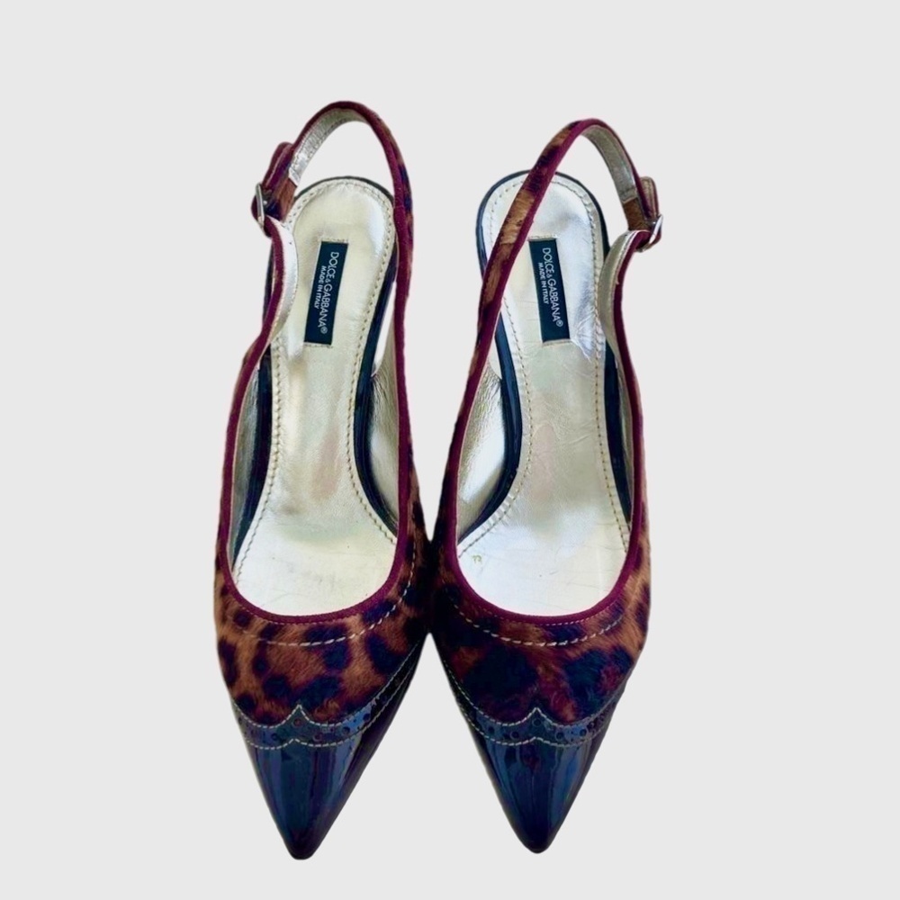 Dolce & Gabbana Patent Leather Leopard Ponyhair Slingback Size 8 1/5 M